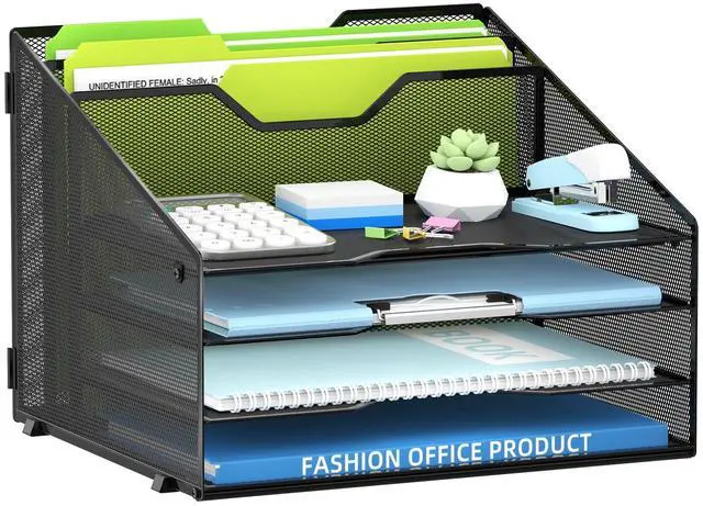 Main image of Desk File Organizer, Mesh Paper Tray Organizer with 4 Letter Trays and 2 Vertical File Holders, Desk Organizers and Accessories for Home Office, Black