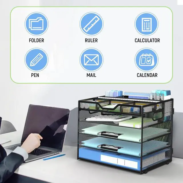 Alt view image 7 of 7 - 5 Tier Mesh Desk Organizer with Adjustable Compartments - Stackable Letter Tray with Built-in Pen Holder & Handles - Desktop File Storage for Office, Home, School Supplies - Black