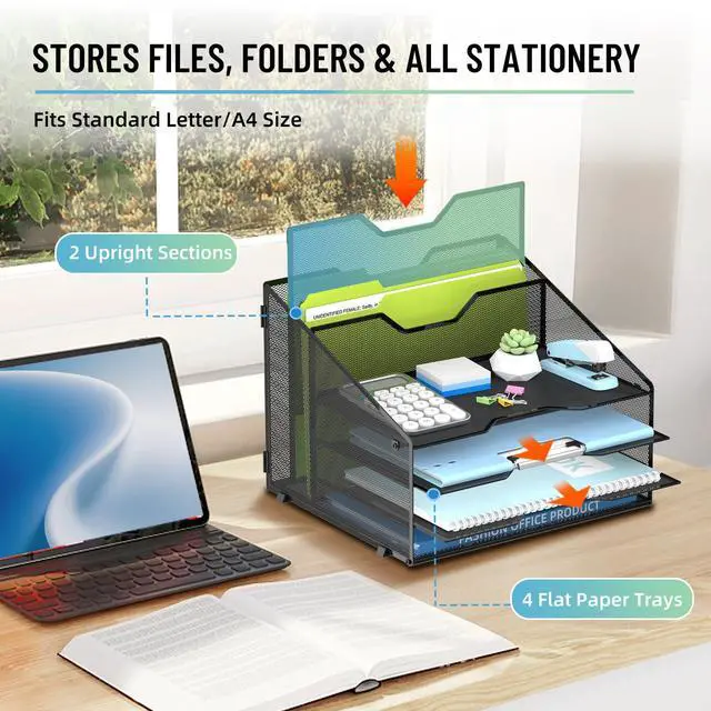 Alt view image 2 of 6 - Desk File Organizer, Mesh Paper Tray Organizer with 4 Letter Trays and 2 Vertical File Holders, Desk Organizers and Accessories for Home Office, Black