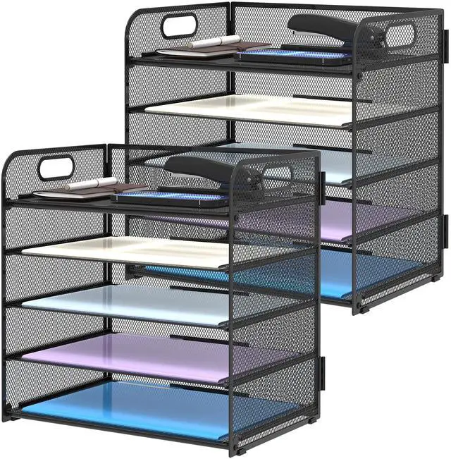 Main image of 2 Pack 5-Tier Desk Organizer with Handle Mesh Desk File/Paper Organizer Letter Tray for Office, School, Classroom and Home Easy Installation, Black