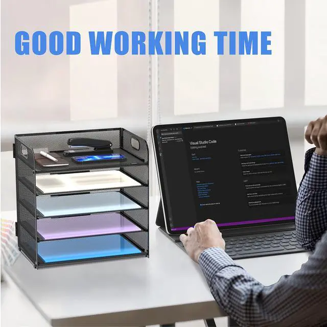 Alt view image 2 of 6 - 2 Pack 5-Tier Desk Organizer with Handle Mesh Desk File/Paper Organizer Letter Tray for Office, School, Classroom and Home Easy Installation, Black