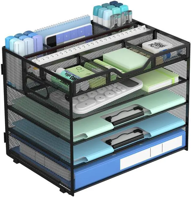 Main image of 5 Tier Mesh Desk Organizer with Adjustable Compartments - Stackable Letter Tray with Built-in Pen Holder & Handles - Desktop File Storage for Office, Home, School Supplies - Black