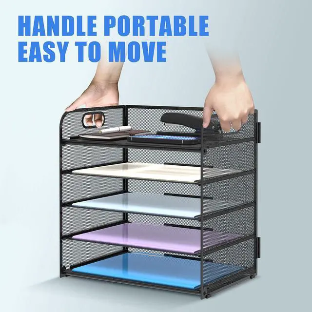 Alt view image 5 of 6 - 2 Pack 5-Tier Desk Organizer with Handle Mesh Desk File/Paper Organizer Letter Tray for Office, School, Classroom and Home Easy Installation, Black