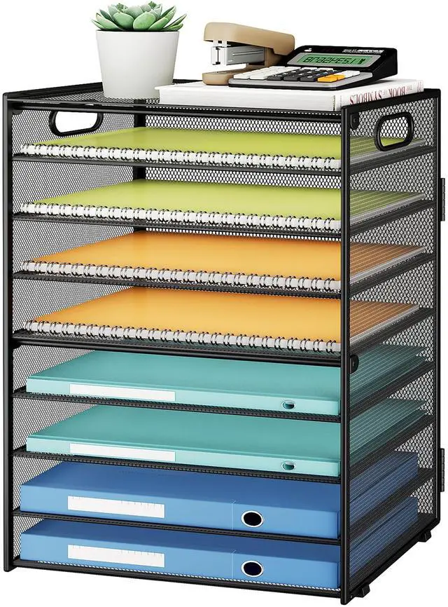 Main image of 9 Tier Paper Organizer for Desk - Black Metal Mesh Letter Tray File Paper Sorter Organizer Include 6 Pcs Adjustable Height Slid Tray with Handles for Office School Home Organization Storage