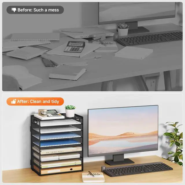 Alt view image 6 of 6 - 9 Tier Paper Organizer for Desk - Black Metal Mesh Letter Tray File Paper Sorter Organizer Include 6 Pcs Adjustable Height Slid Tray with Handles for Office School Home Organization Storage