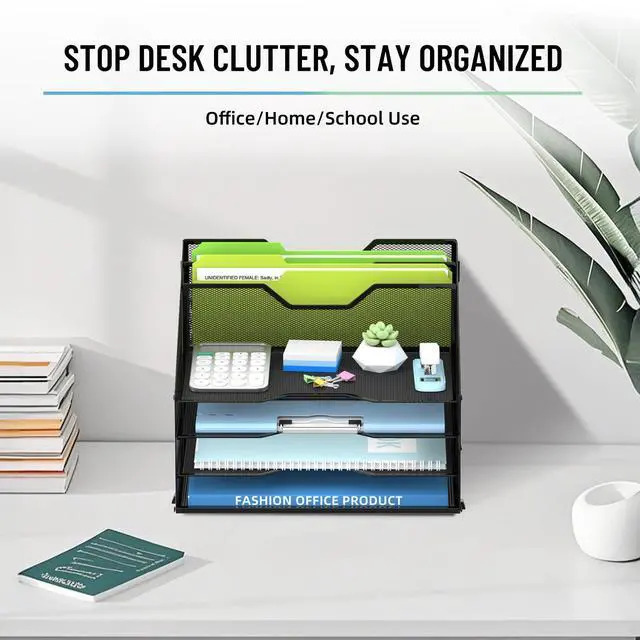 Alt view image 3 of 6 - Desk File Organizer, Mesh Paper Tray Organizer with 4 Letter Trays and 2 Vertical File Holders, Desk Organizers and Accessories for Home Office, Black
