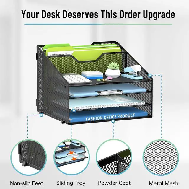 Alt view image 4 of 6 - Desk File Organizer, Mesh Paper Tray Organizer with 4 Letter Trays and 2 Vertical File Holders, Desk Organizers and Accessories for Home Office, Black