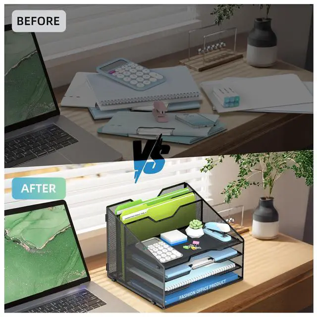 Alt view image 5 of 6 - Desk File Organizer, Mesh Paper Tray Organizer with 4 Letter Trays and 2 Vertical File Holders, Desk Organizers and Accessories for Home Office, Black