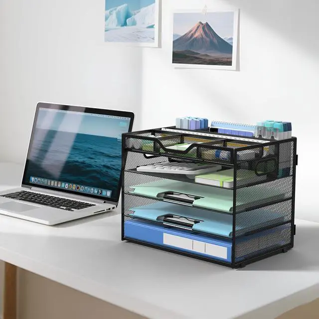 Alt view image 6 of 7 - 5 Tier Mesh Desk Organizer with Adjustable Compartments - Stackable Letter Tray with Built-in Pen Holder & Handles - Desktop File Storage for Office, Home, School Supplies - Black