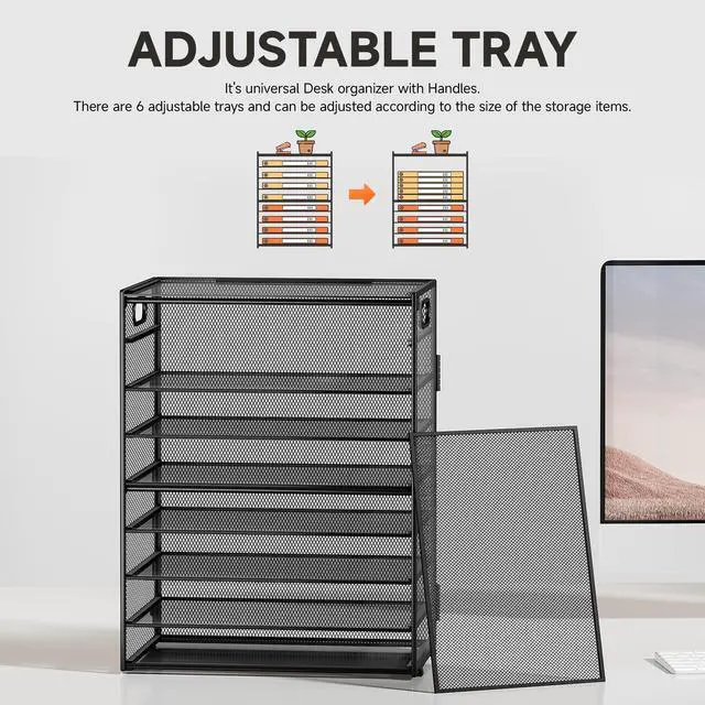 Alt view image 2 of 6 - 9 Tier Paper Organizer for Desk - Black Metal Mesh Letter Tray File Paper Sorter Organizer Include 6 Pcs Adjustable Height Slid Tray with Handles for Office School Home Organization Storage