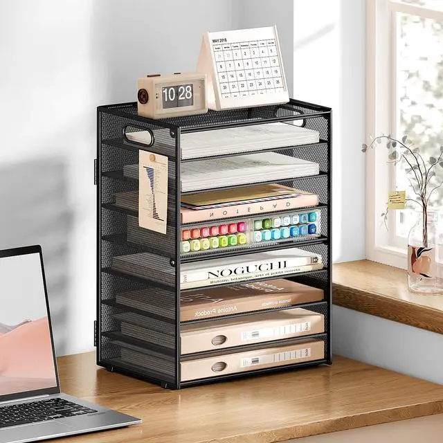 Alt view image 4 of 6 - 9 Tier Paper Organizer for Desk - Black Metal Mesh Letter Tray File Paper Sorter Organizer Include 6 Pcs Adjustable Height Slid Tray with Handles for Office School Home Organization Storage