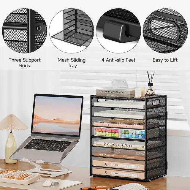 Alt view image 5 of 6 - 9 Tier Paper Organizer for Desk - Black Metal Mesh Letter Tray File Paper Sorter Organizer Include 6 Pcs Adjustable Height Slid Tray with Handles for Office School Home Organization Storage