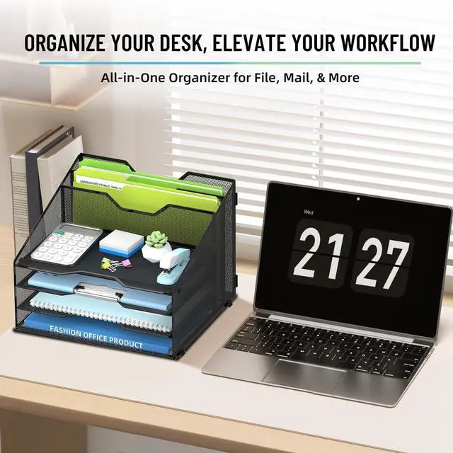 Alt view image 6 of 6 - Desk File Organizer, Mesh Paper Tray Organizer with 4 Letter Trays and 2 Vertical File Holders, Desk Organizers and Accessories for Home Office, Black