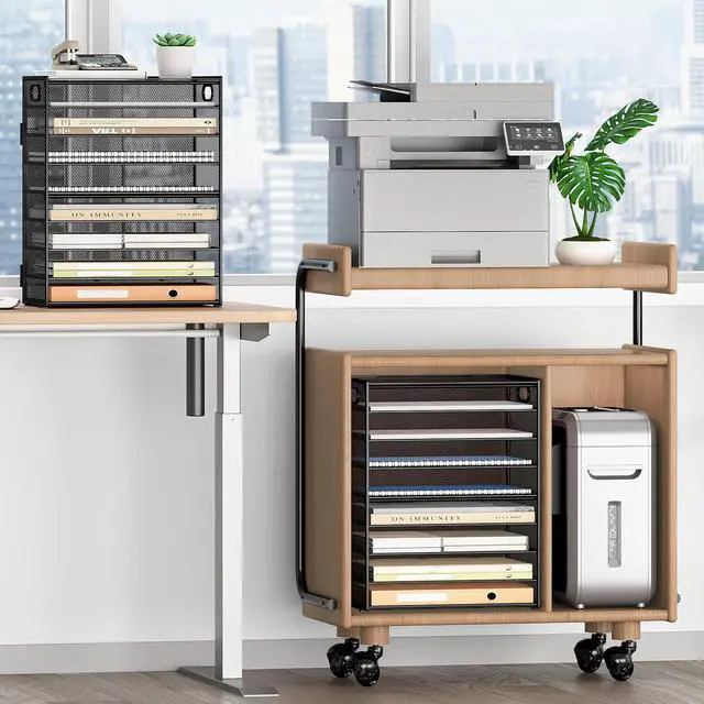 Alt view image 3 of 6 - 9 Tier Paper Organizer for Desk - Black Metal Mesh Letter Tray File Paper Sorter Organizer Include 6 Pcs Adjustable Height Slid Tray with Handles for Office School Home Organization Storage