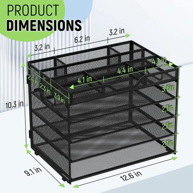 Alt view image 3 of 7 - 5 Tier Mesh Desk Organizer with Adjustable Compartments - Stackable Letter Tray with Built-in Pen Holder & Handles - Desktop File Storage for Office, Home, School Supplies - Black
