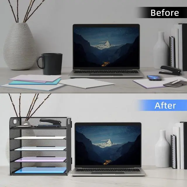 Alt view image 4 of 6 - 2 Pack 5-Tier Desk Organizer with Handle Mesh Desk File/Paper Organizer Letter Tray for Office, School, Classroom and Home Easy Installation, Black
