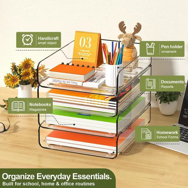 Alt view image 2 of 7 - 4-Tier Acrylic Paper Tray Organizer, Clear Stackable Desk File Organizer for Documents, Files, Letters, A4 Paper, Books, Notes, Mail & Paper Storage, Office Classroom Home