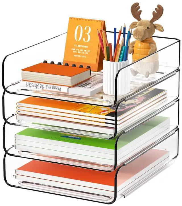 Main image of 4-Tier Acrylic Paper Tray Organizer, Clear Stackable Desk File Organizer for Documents, Files, Letters, A4 Paper, Books, Notes, Mail & Paper Storage, Office Classroom Home