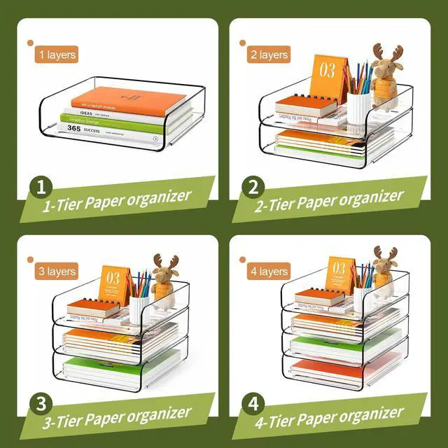 Alt view image 6 of 7 - 4-Tier Acrylic Paper Tray Organizer, Clear Stackable Desk File Organizer for Documents, Files, Letters, A4 Paper, Books, Notes, Mail & Paper Storage, Office Classroom Home