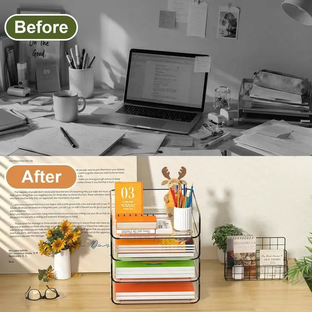 Alt view image 7 of 7 - 4-Tier Acrylic Paper Tray Organizer, Clear Stackable Desk File Organizer for Documents, Files, Letters, A4 Paper, Books, Notes, Mail & Paper Storage, Office Classroom Home