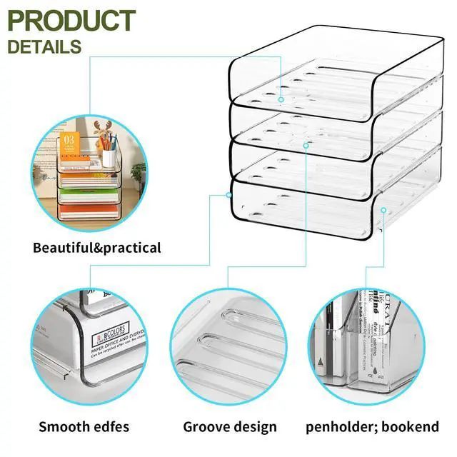 Alt view image 3 of 7 - 4-Tier Acrylic Paper Tray Organizer, Clear Stackable Desk File Organizer for Documents, Files, Letters, A4 Paper, Books, Notes, Mail & Paper Storage, Office Classroom Home