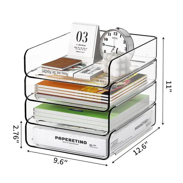 Alt view image 5 of 7 - 4-Tier Acrylic Paper Tray Organizer, Clear Stackable Desk File Organizer for Documents, Files, Letters, A4 Paper, Books, Notes, Mail & Paper Storage, Office Classroom Home
