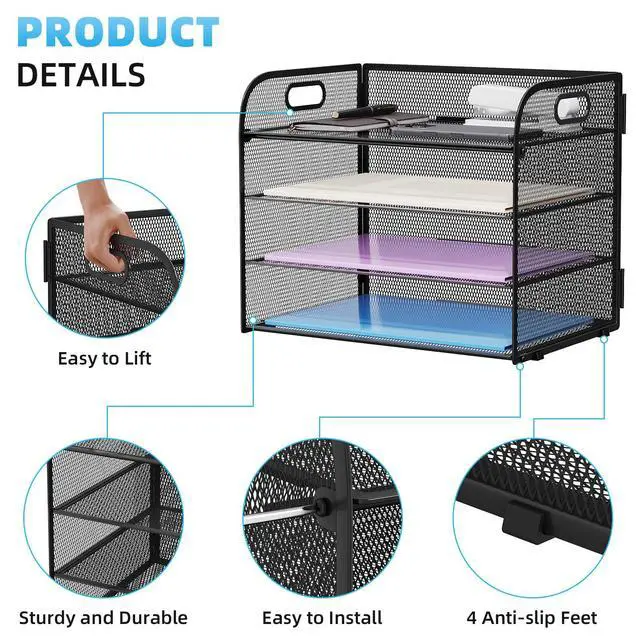 Alt view image 4 of 7 - 4 Tier Paper Organizer Letter Tray - Mesh Desk File Organizer with Handle, Paper Sorter Organizer for Letter/A4 Office File Folder Holder (Black, 12.6" x 9.1" x 10.7")