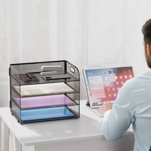 Alt view image 6 of 7 - 4 Tier Paper Organizer Letter Tray - Mesh Desk File Organizer with Handle, Paper Sorter Organizer for Letter/A4 Office File Folder Holder (Black, 12.6" x 9.1" x 10.7")