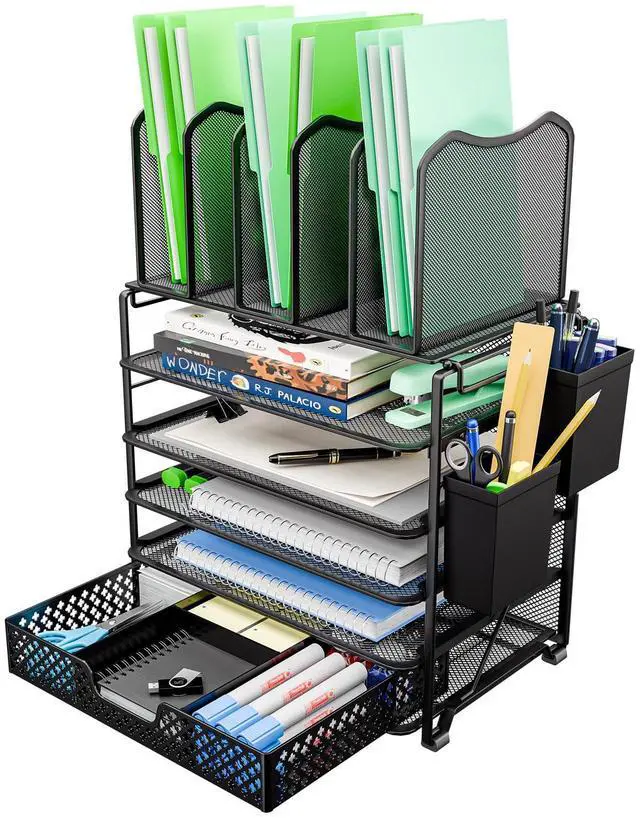 Main image of 5 Tier Mesh Desk File Organizer, Paper Letter Tray File Holder with Sliding Drawer Organizer for Office Home, Black