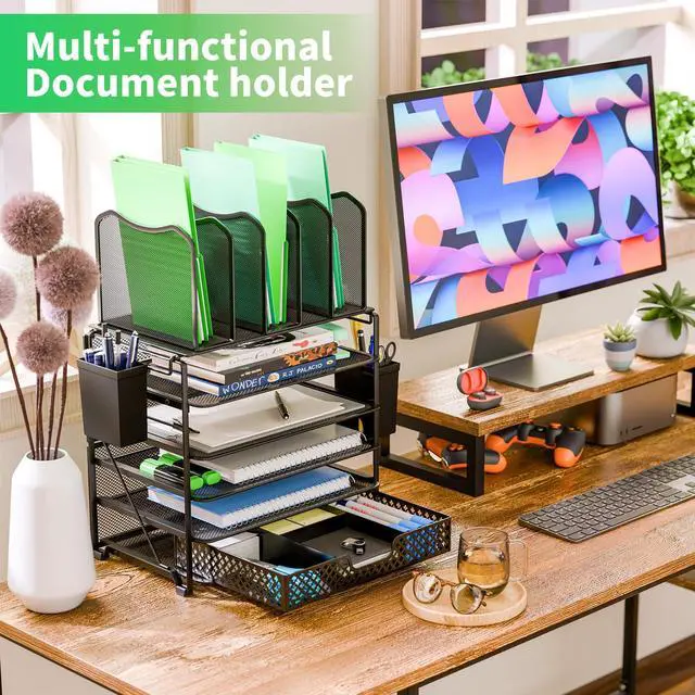 Alt view image 2 of 7 - 5 Tier Mesh Desk File Organizer, Paper Letter Tray File Holder with Sliding Drawer Organizer for Office Home, Black