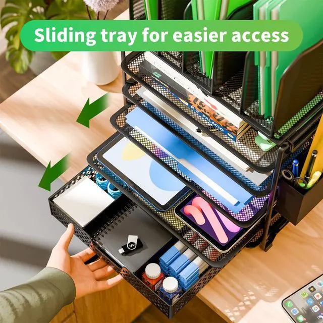Alt view image 3 of 7 - 5 Tier Mesh Desk File Organizer, Paper Letter Tray File Holder with Sliding Drawer Organizer for Office Home, Black