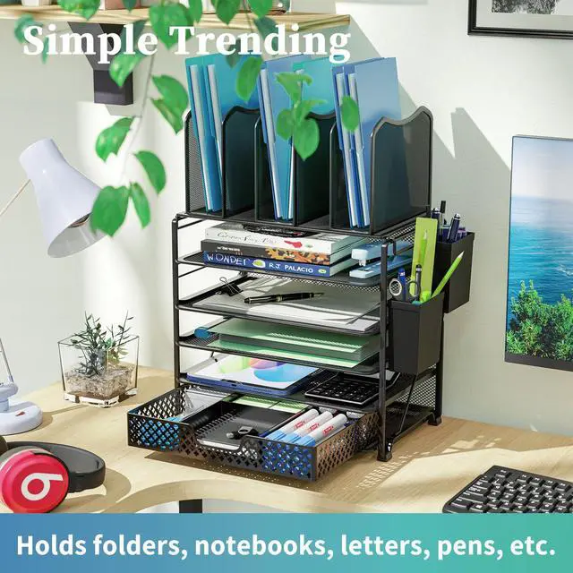 Alt view image 7 of 7 - 5 Tier Mesh Desk File Organizer, Paper Letter Tray File Holder with Sliding Drawer Organizer for Office Home, Black