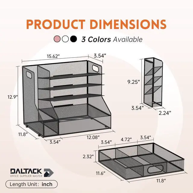 Alt view image 3 of 7 - Mesh Desk Organizer, 5-Tier Paper Letter Tray with File Holder & Pen Holder & Sliding Drawer, Desktop Organizer and Storage for Desk Accessories Office Supplies, Black