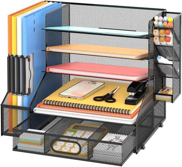 Main image of Mesh Desk Organizer, 5-Tier Paper Letter Tray with File Holder & Pen Holder & Sliding Drawer, Desktop Organizer and Storage for Desk Accessories Office Supplies, Black
