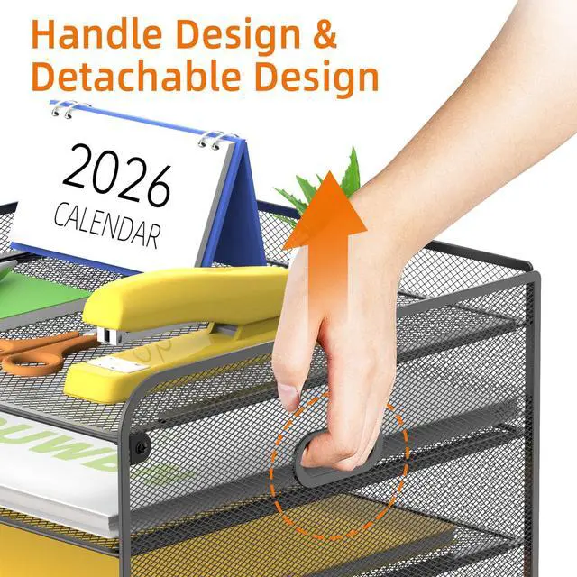 Alt view image 4 of 7 - Mesh Desk Organizer with File Holder, 5-Tier Paper Letter Tray Organizer with Magazine Holder, Desktop Organizer and Storage with Drawer for Office Supplies Home or School (Black)