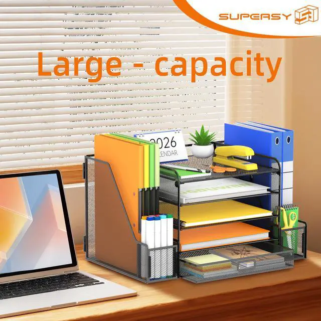 Alt view image 2 of 7 - Mesh Desk Organizer with File Holder, 5-Tier Paper Letter Tray Organizer with Magazine Holder, Desktop Organizer and Storage with Drawer for Office Supplies Home or School (Black)