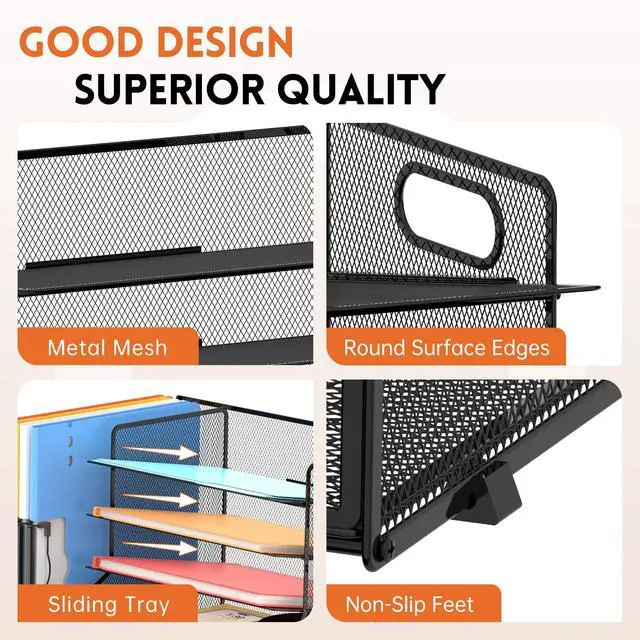 Alt view image 5 of 7 - Mesh Desk Organizer, 5-Tier Paper Letter Tray with File Holder & Pen Holder & Sliding Drawer, Desktop Organizer and Storage for Desk Accessories Office Supplies, Black