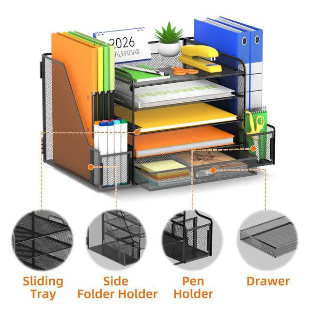 Alt view image 3 of 7 - Mesh Desk Organizer with File Holder, 5-Tier Paper Letter Tray Organizer with Magazine Holder, Desktop Organizer and Storage with Drawer for Office Supplies Home or School (Black)