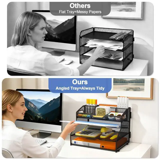 Alt view image 5 of 7 - 4 Tier Desk Orgnizers and Accessories, Metal Magazine File Holder with Pencil Holder and Handles, Space Saving Desktop Storage for School Office Supplies(Black)
