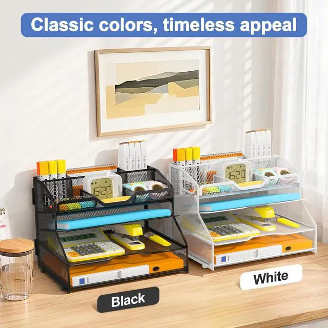 Alt view image 4 of 7 - 4 Tier Desk Orgnizers and Accessories, Metal Magazine File Holder with Pencil Holder and Handles, Space Saving Desktop Storage for School Office Supplies(Black)
