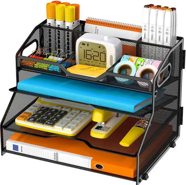 Main image of 4 Tier Desk Orgnizers and Accessories, Metal Magazine File Holder with Pencil Holder and Handles, Space Saving Desktop Storage for School Office Supplies(Black)