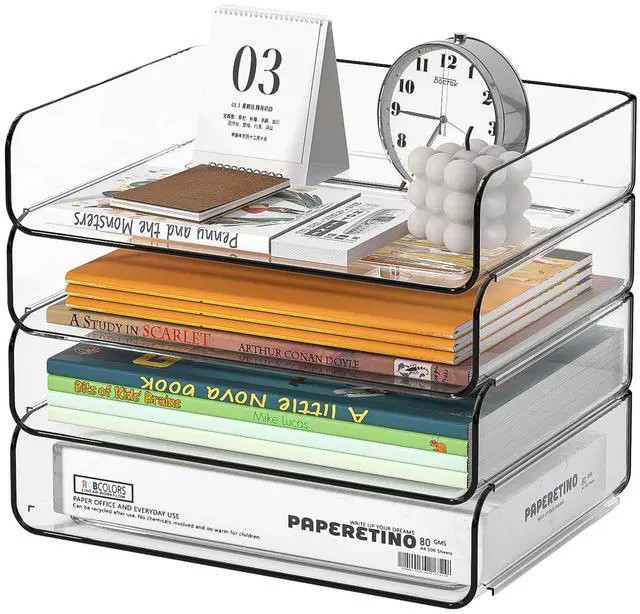 Main image of 4-Tier Acrylic Paper Tray Organizer - Low-Profile Desk File Sorter for Office/Home, Clear Stackable Letter Tray for Bills, Crafts, Notebooks