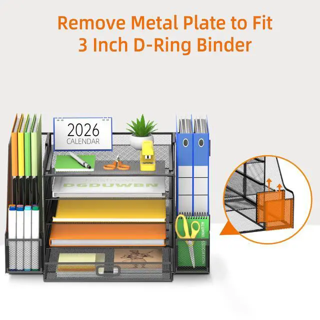 Alt view image 7 of 7 - Mesh Desk Organizer with File Holder, 5-Tier Paper Letter Tray Organizer with Magazine Holder, Desktop Organizer and Storage with Drawer for Office Supplies Home or School (Black)