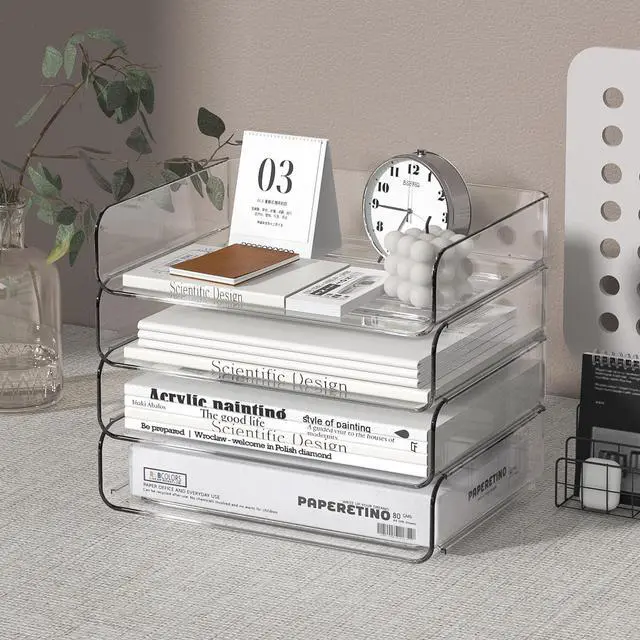 Alt view image 2 of 7 - 4-Tier Acrylic Paper Tray Organizer - Low-Profile Desk File Sorter for Office/Home, Clear Stackable Letter Tray for Bills, Crafts, Notebooks