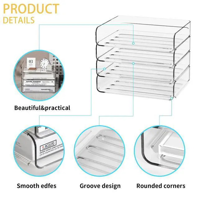 Alt view image 3 of 7 - 4-Tier Acrylic Paper Tray Organizer - Low-Profile Desk File Sorter for Office/Home, Clear Stackable Letter Tray for Bills, Crafts, Notebooks