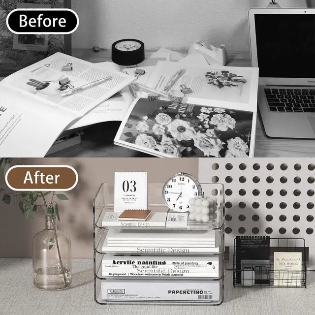 Alt view image 7 of 7 - 4-Tier Acrylic Paper Tray Organizer - Low-Profile Desk File Sorter for Office/Home, Clear Stackable Letter Tray for Bills, Crafts, Notebooks