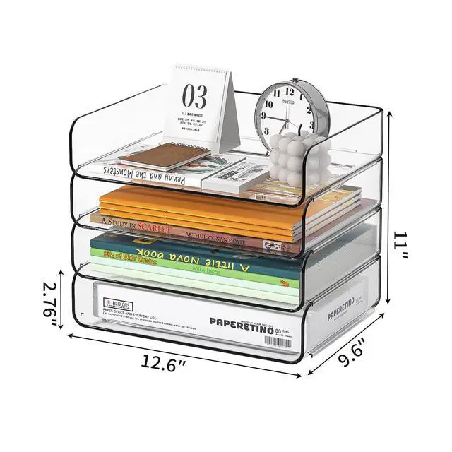 Alt view image 5 of 7 - 4-Tier Acrylic Paper Tray Organizer - Low-Profile Desk File Sorter for Office/Home, Clear Stackable Letter Tray for Bills, Crafts, Notebooks