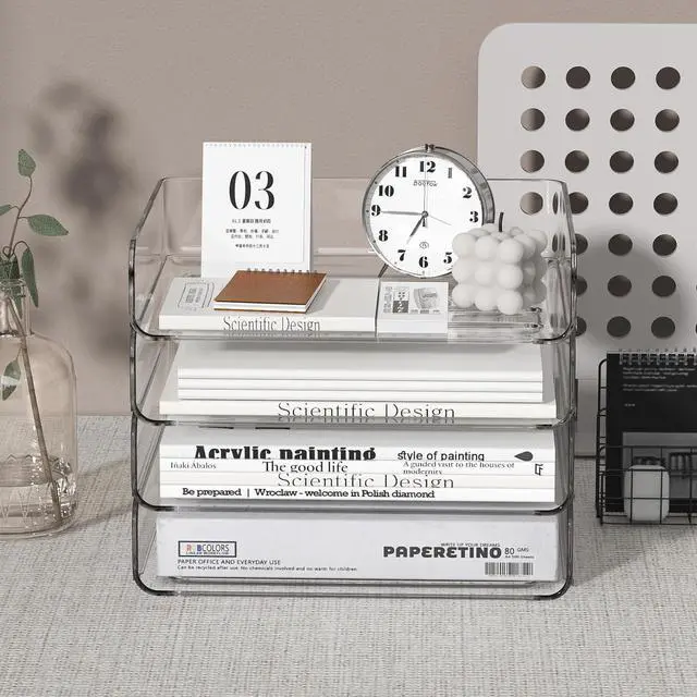 Alt view image 4 of 7 - 4-Tier Acrylic Paper Tray Organizer - Low-Profile Desk File Sorter for Office/Home, Clear Stackable Letter Tray for Bills, Crafts, Notebooks