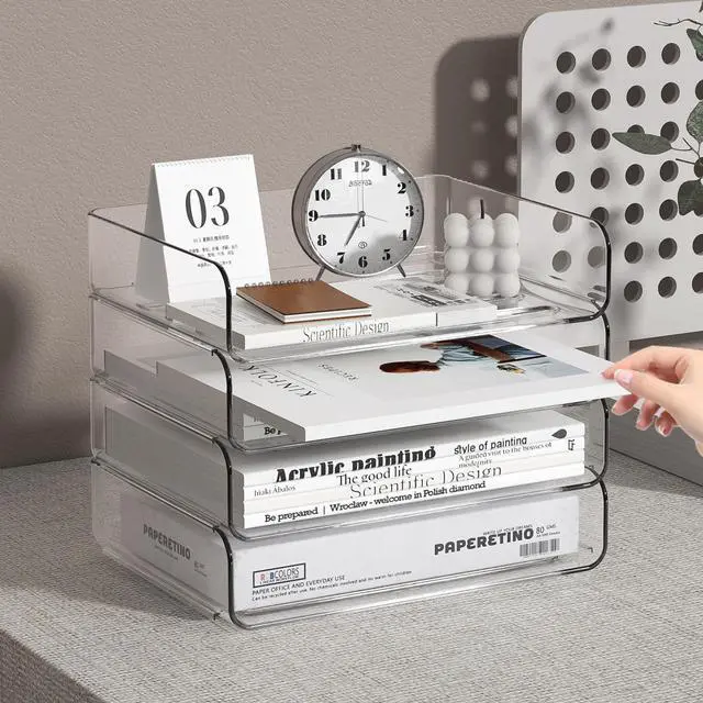 Alt view image 6 of 7 - 4-Tier Acrylic Paper Tray Organizer - Low-Profile Desk File Sorter for Office/Home, Clear Stackable Letter Tray for Bills, Crafts, Notebooks