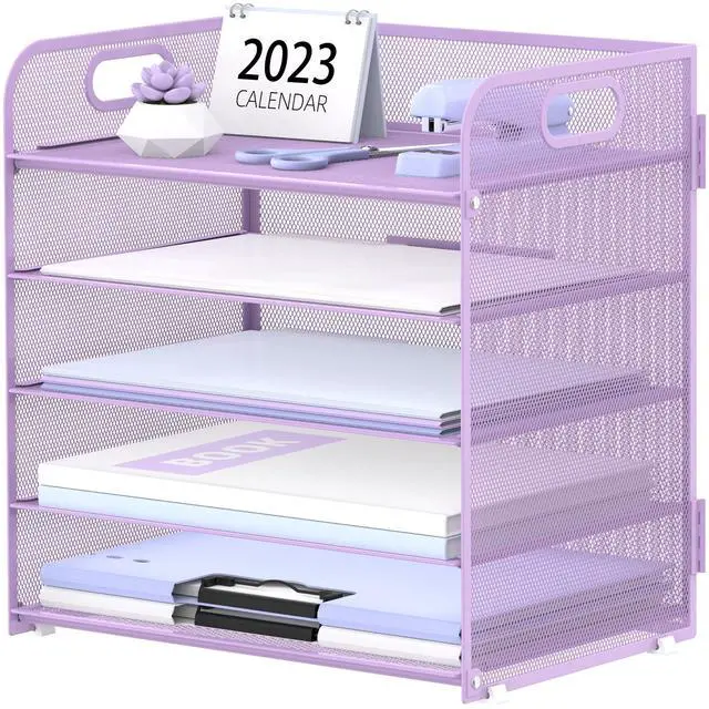 Main image of 5 Trays Paper Organizer Letter Tray with Handle-Mesh Desk File Holders, Paper Sorter Desk Organizer for Office, Home, Classeoom or School, Purple